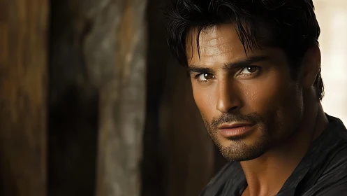 Close-up portrait of bearded man in low warm lighting.