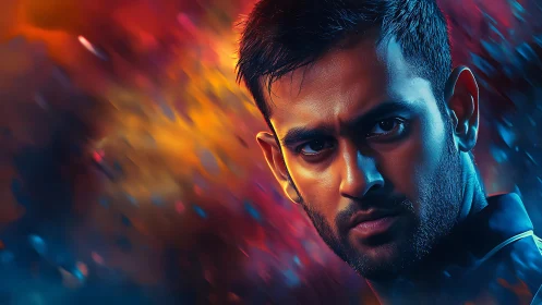 Intense male portrait glows in fiery blue and orange light