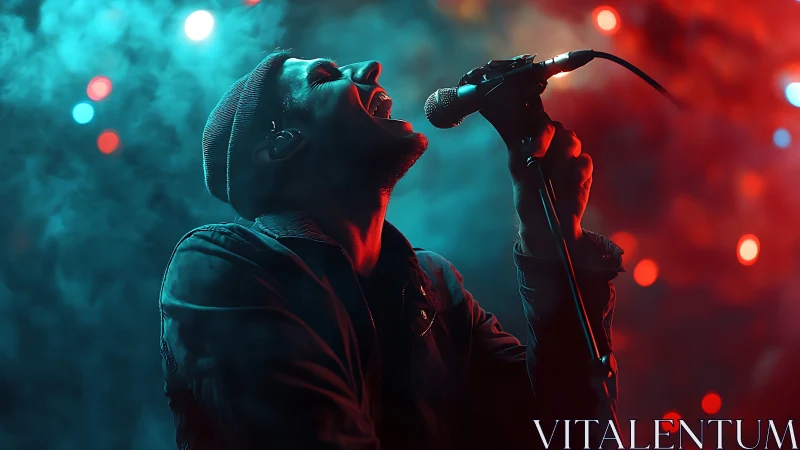 Male vocalist performs on stage under red and blue lighting