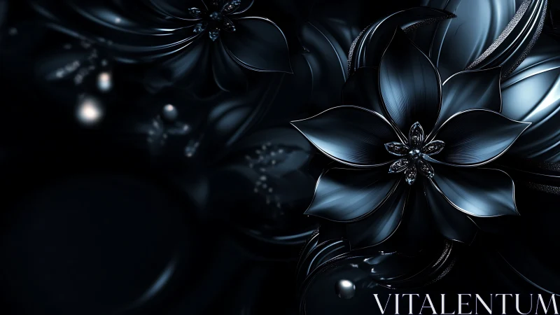 Midnight metallic florals with high-gloss reflective petals.