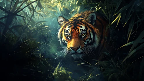 Predatory tiger advances through dense foliage with dramatic rim lighting