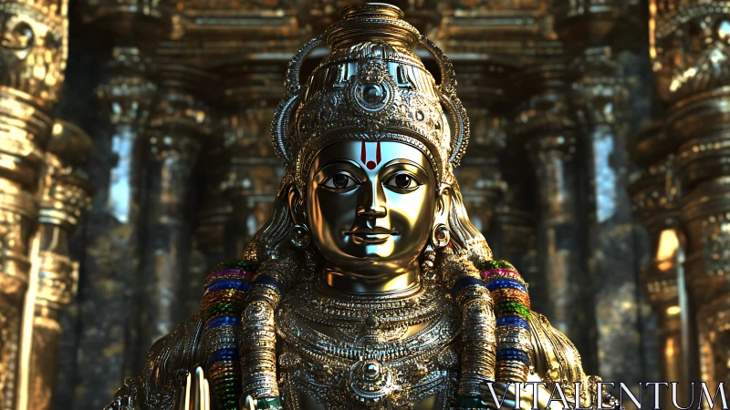 Radiant golden deity surrounded by intricate temple splendor.