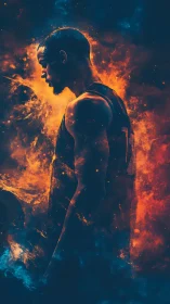 Silhouetted athlete rendered in fiery bokeh-style particle turbulence