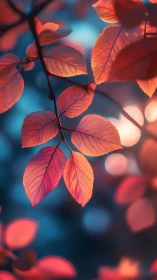 Glowing red leaves against teal bokeh forest background.