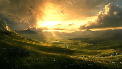 Sunlit valley river under dramatic stormlit sky at dusk.