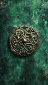 Bronze Celtic knot medallion on textured verdigris wall