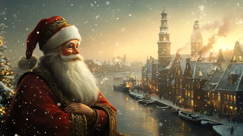 Santa figure overlooking snowy European canal city at dusk.
