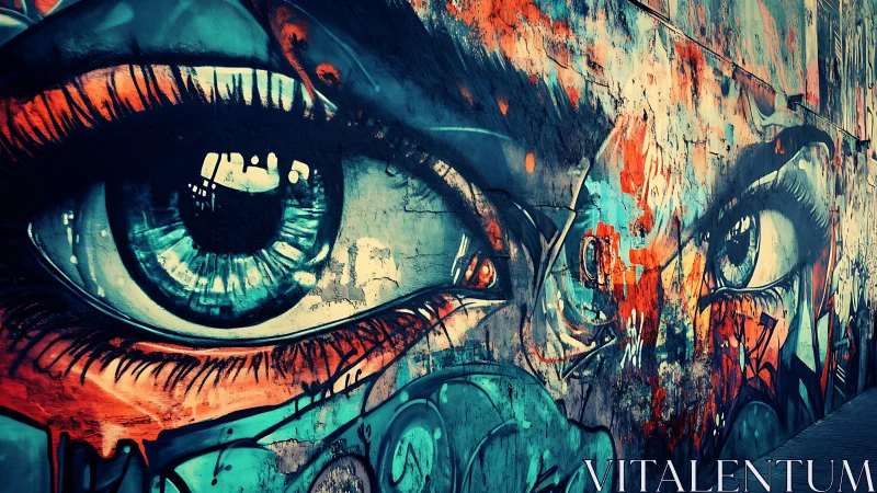 Graffiti mural shows large realistic eyes across urban wall