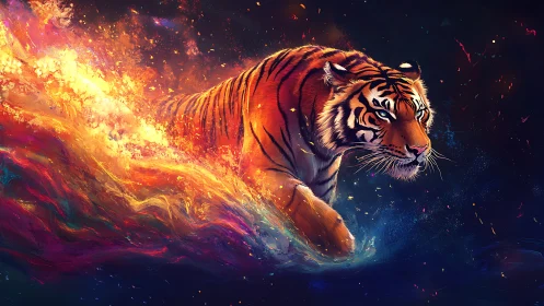 Fiery twilight tiger strides through swirling cosmic waves.