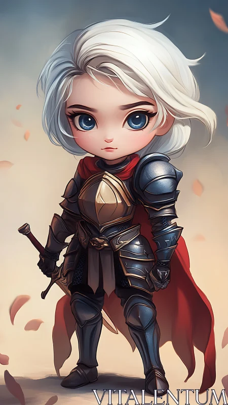 Chibi-style white haired knight in ornate armor stands poised.