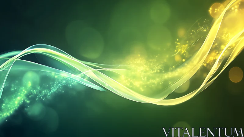 Glowing green and gold light waves drifting across darkness.