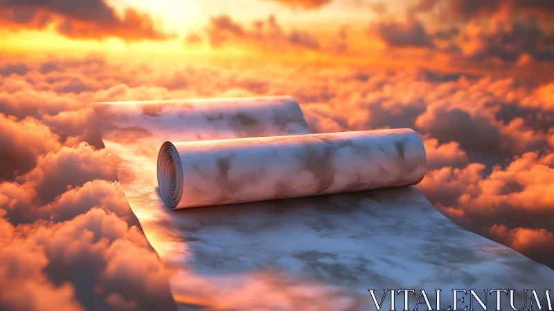 Marble scroll unfurling across cloudscape in warm sunset light