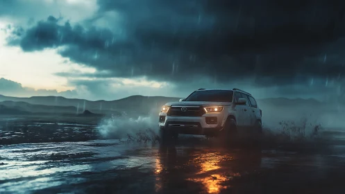 Storm-chasing SUV carves neon rain into wild horizon roads.
