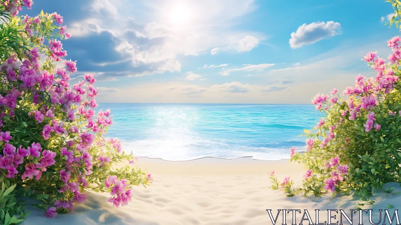 Spectral shoreline vista framed by saturated floral foregrounds.