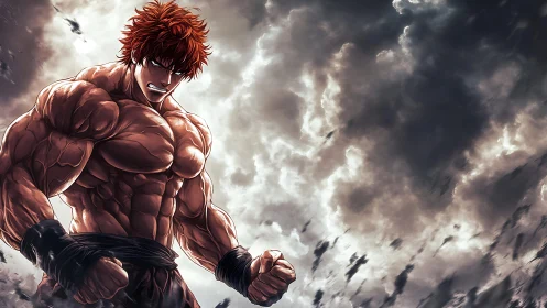 Muscular anime warrior glares under storm-swept cloud sky