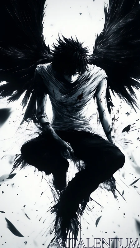 Dark-winged fallen figure rendered in stark monochrome ink style