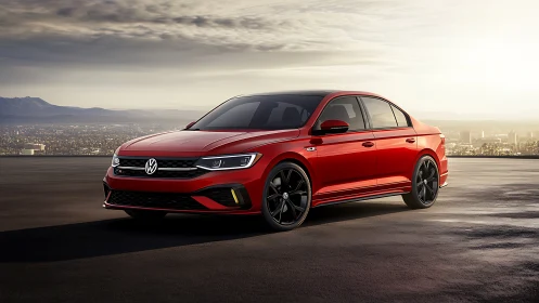 Sleek red sedan soaking up golden city edge sunlight.