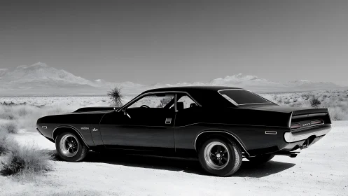 Black classic coupe is parked on a flat desert landscape
