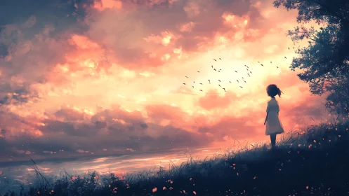 Silhouetted figure facing luminous clouded shoreline sky.