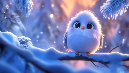 Adorable fluffy owl on snowy branch in dreamy winter illustration.
