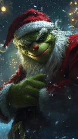 Mischievous green Santa plotting snowy holiday mischief.