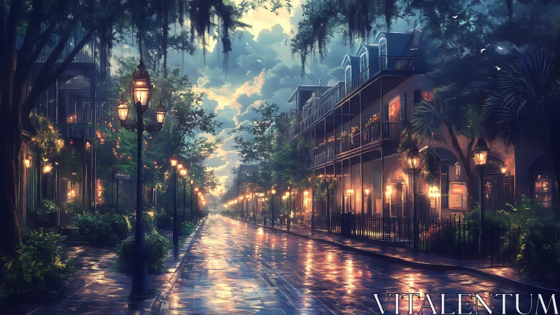 Rain-washed evening street glows with warm lantern light