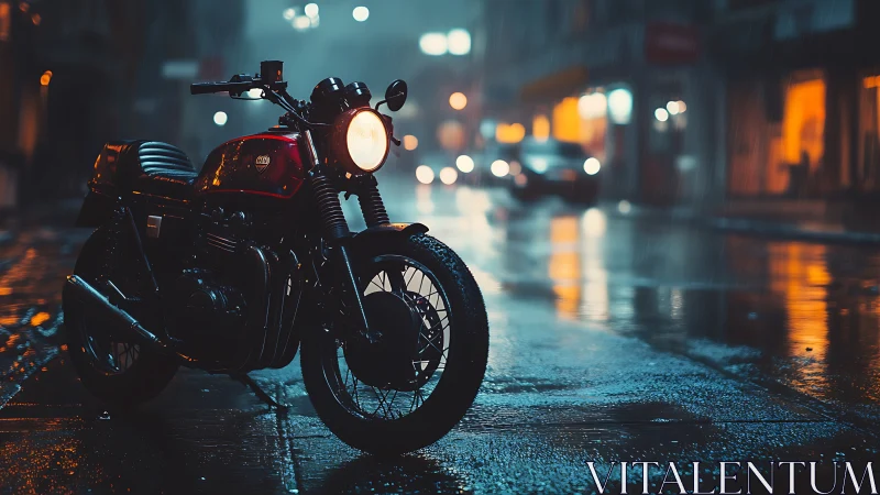 Retro motorcycle on wet neon city street at night.