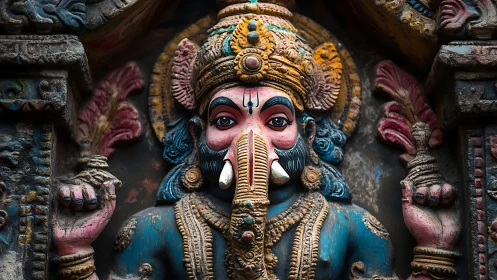 Ornate Ganesh relief sculpture in rich teal and ochre tones.