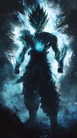 Electric blue warrior ascends in blazing aura of power.
