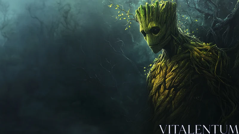 Forest sentinel leans from shadow, stitched from living wood