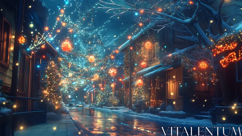 Snowy city street covered in bright winter holiday lights.