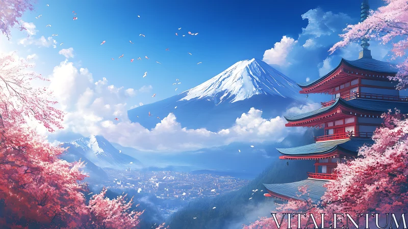 Pagoda and Mount Fuji with cherry blossoms in clear sky.