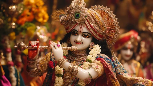 Flute-bearing deity glows amid cascading marigold fire