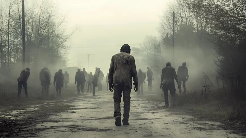 Fogwalkers drift down a dead road in eerie gray silence.