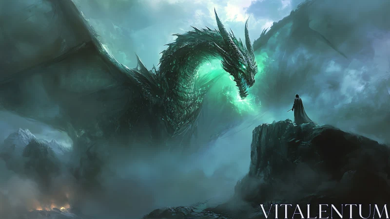 Knight faces glowing emerald dragon on stormy cliff.