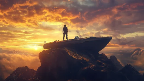 Sunset watcher stands on crashed starship above clouds.