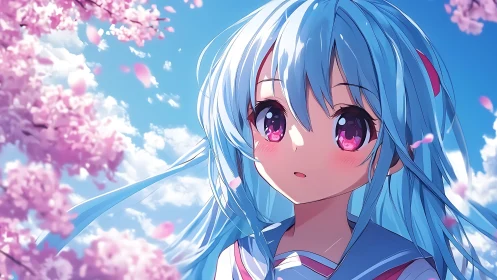 Spring sunlight frames blue-haired schoolgirl under sakura.