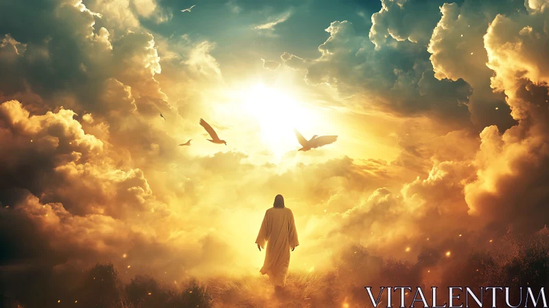 Radiant robed figure walking toward luminous celestial sky.