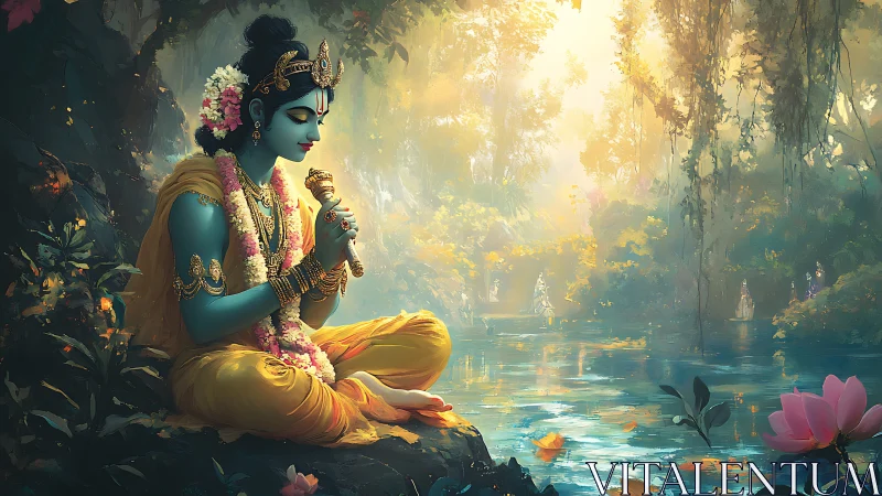 Serene blue deity plays flute beside a glowing forest river