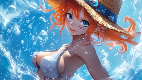 Anime beach girl in white bikini with straw hat pose.