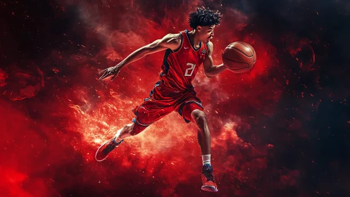 Explosive basketball dunk amid swirling red energy storm.