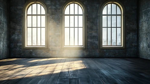 Empty stone hall with tall arched windows and sunlight.