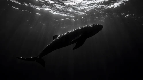 Silhouetted whale beneath surface with directional light beams.