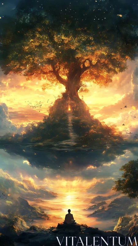 Solitary seeker beneath a blazing world-tree horizon.