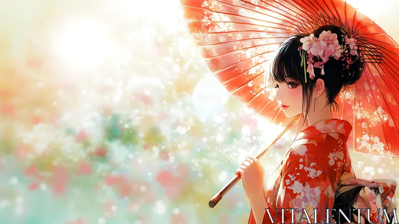 Kimono-clad woman under red parasol in soft sunlight.