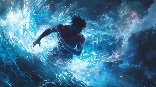 Storm-forged swimmer rising through luminous ocean surge.