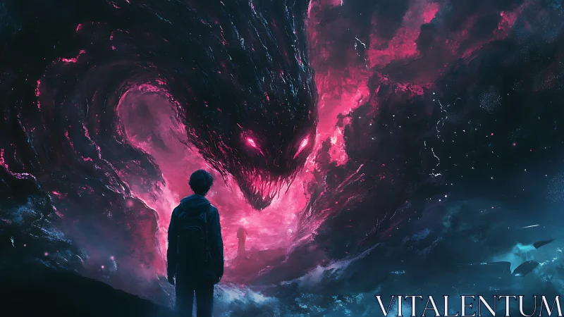 Lone figure confronts cosmic void beast in neon storm sky.