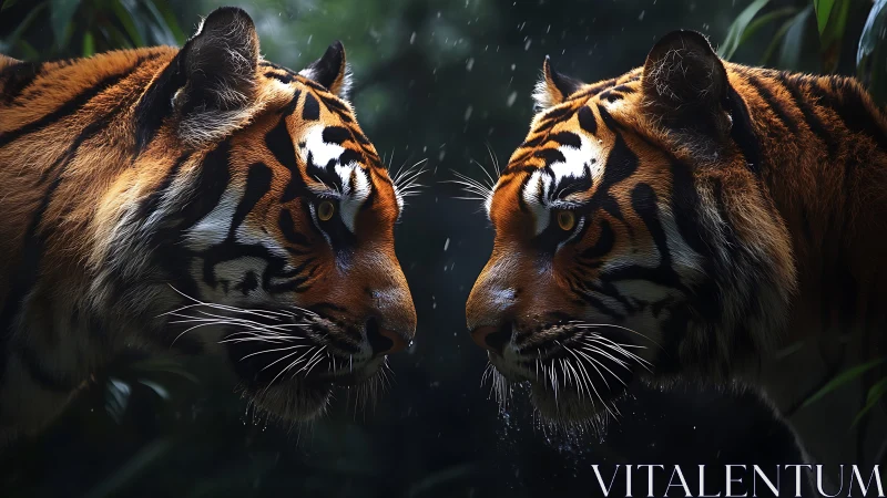 Two Bengal Tigers Face to Face in Rain.