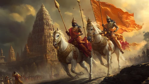 Sunlit warrior cavalcade before towering temple spires.