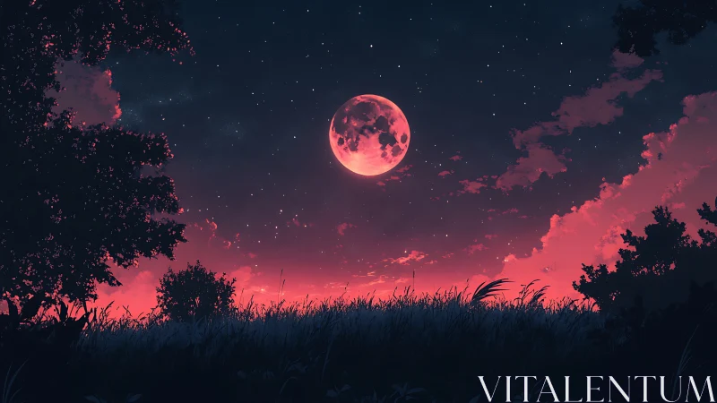 Crimson moonrise over silhouetted meadow in anime nightscape.